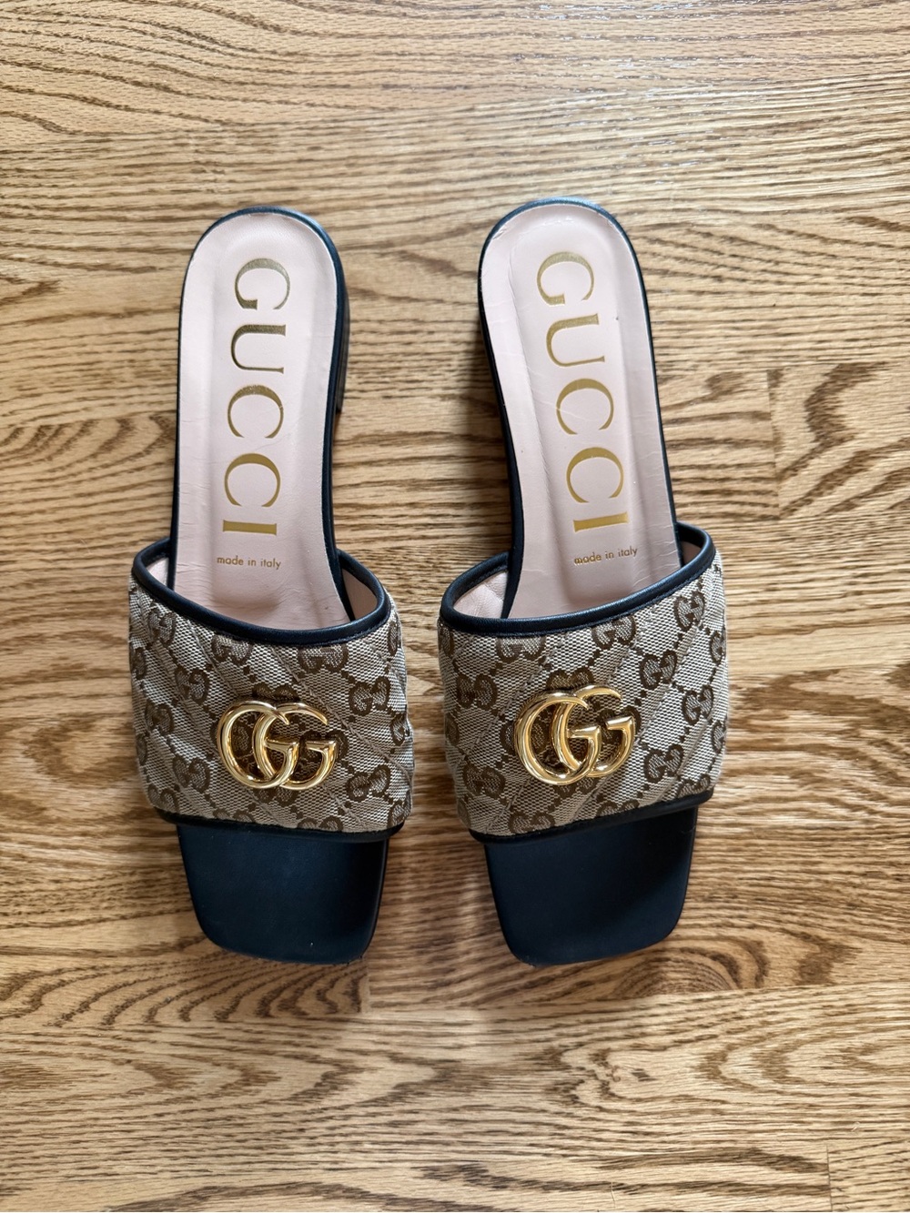 Gucci Brown GG Canvas Slide Mules with Gold Double G